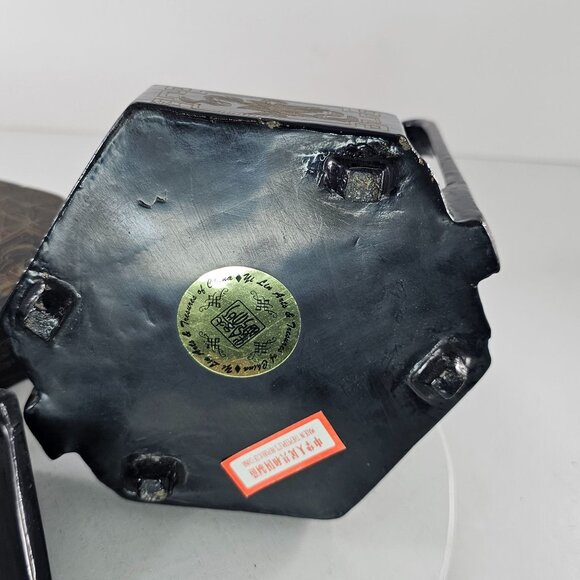 Vintage Lacquered Hexagonal Lunch Box Handle Intricate Gold Detailing Yi Lin Art - Picture 12 of 13